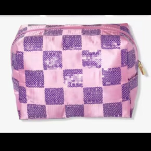 Purple & Pink Glitter Checkered Makeup Pouch - Picture 1 of 1